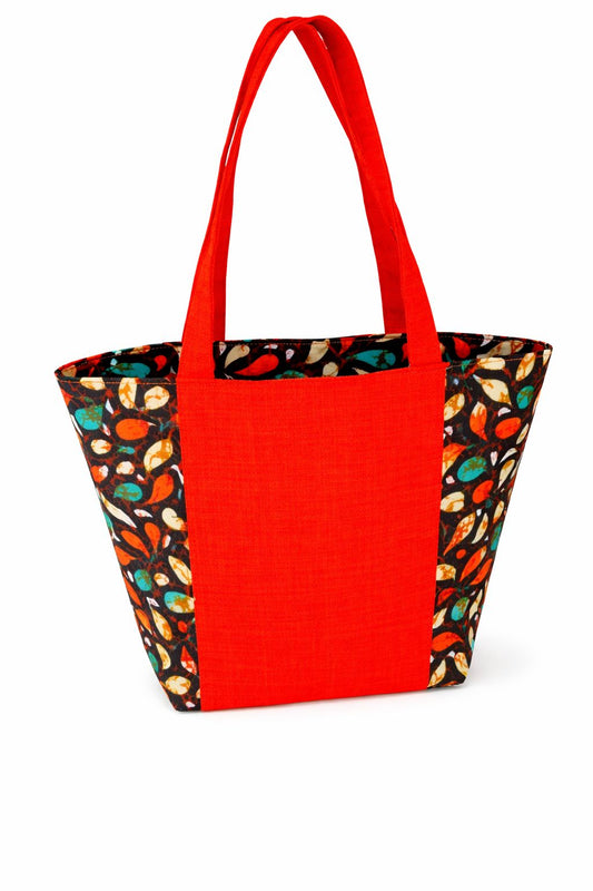 Red Canvas Tote with African Ankara Side Panels and Zipper Closure