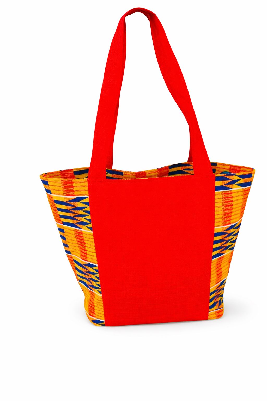 Red Canvas Tote with African Ankara Side Panels and Zipper Closure