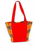 Red Canvas Tote with African Ankara Side Panels and Zipper Closure