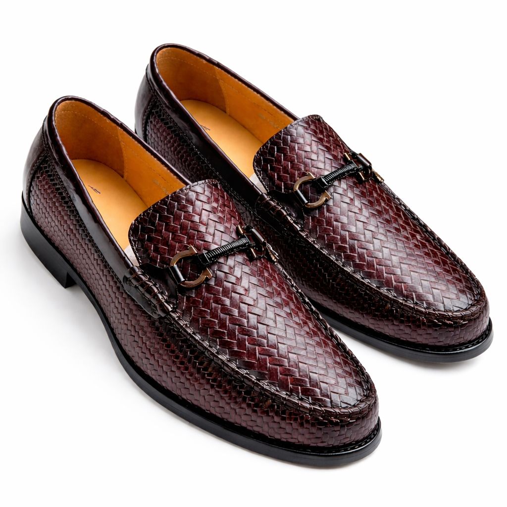 Elegant Burgundy Braided Leather Formal Loafers for Men