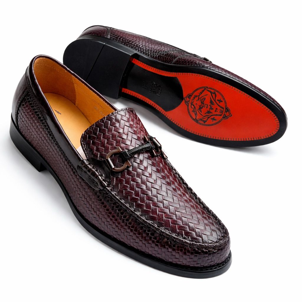 Elegant Burgundy Braided Leather Formal Loafers for Men