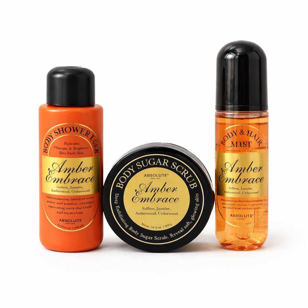 Amber Embrace Luxury Body Care Trio – Shower Gel, Sugar Scrub & Body & Hair Mist Gift Set