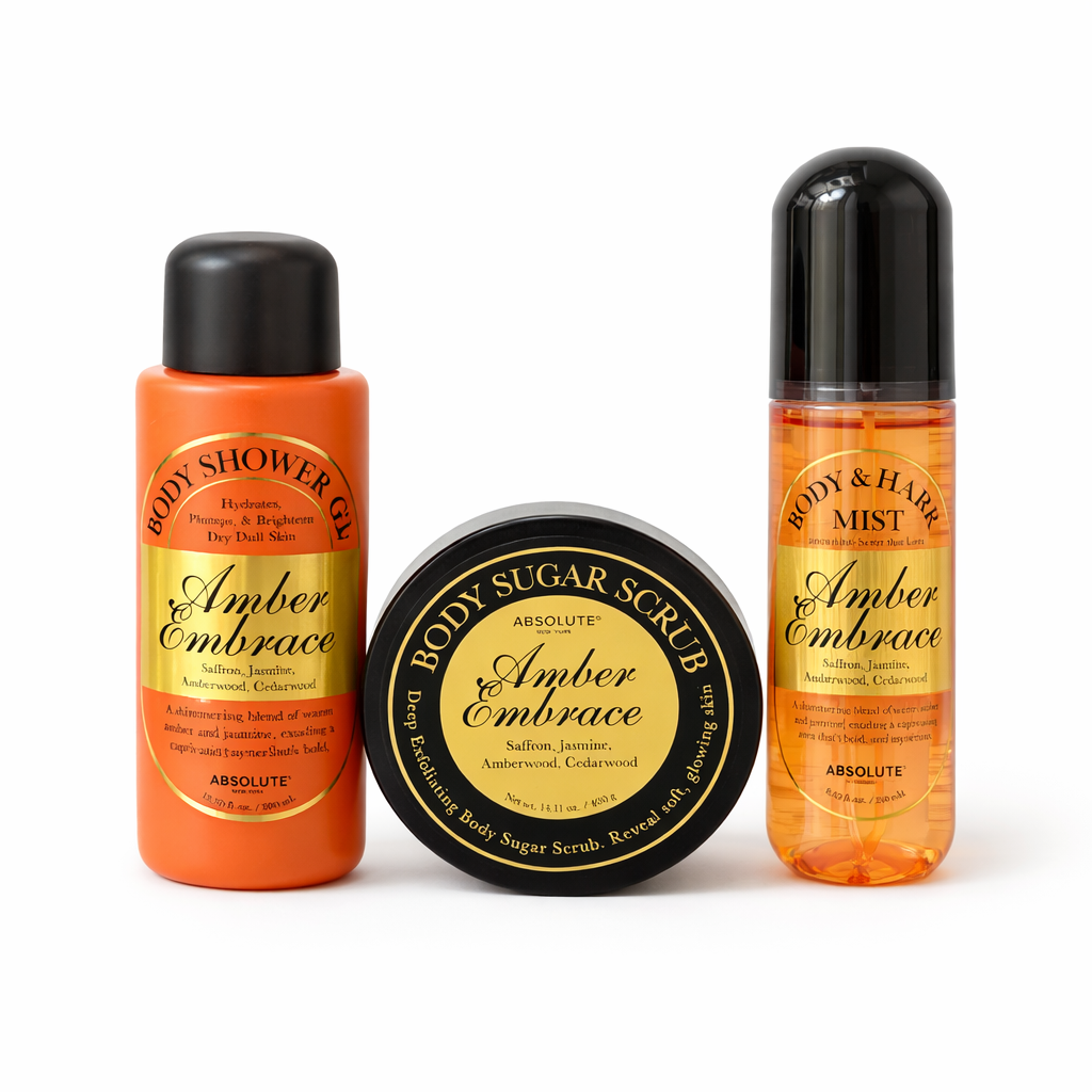 Amber Embrace Luxury Body Care Trio – Shower Gel, Sugar Scrub & Body & Hair Mist Gift Set