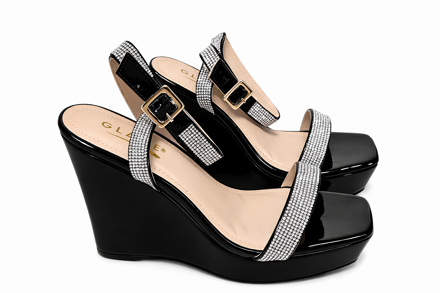 Sparkle Strap Platform Wedge Sandals – Black Glam Heels Size 10